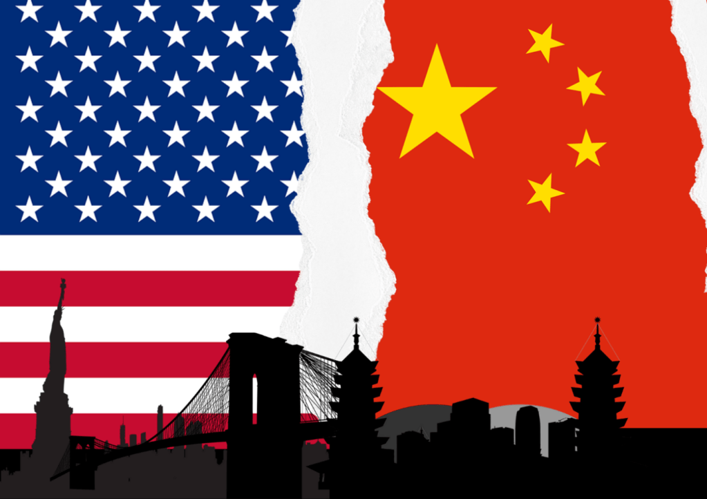China and US flags and cities placed by side by side