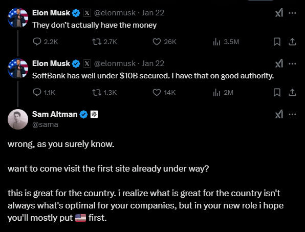 Tweet showing exchange between Elon Musk and Sam Altman on X