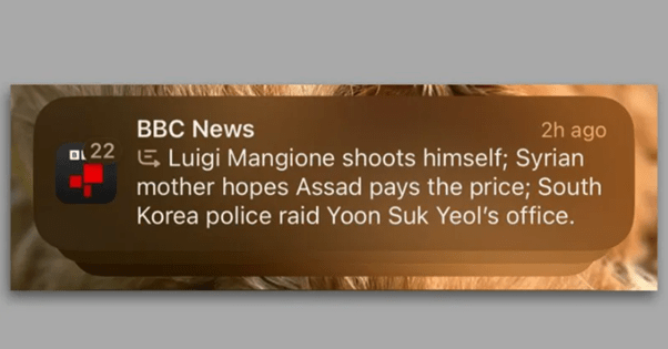 Screenshot of Apple AI news summary on iPhone